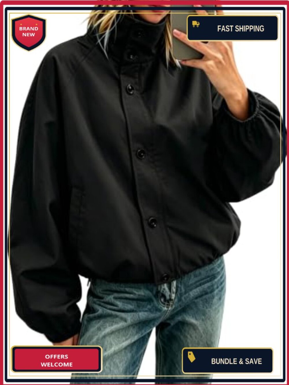 Oversized Funnel Neck Bomber Puffer Jacket Windproof Waterproof Lightweight